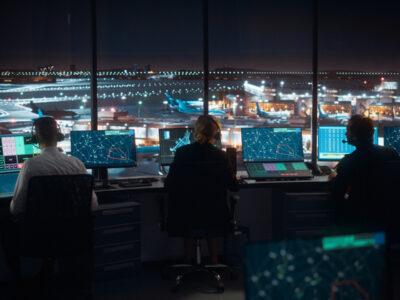 Diverse Air Traffic Control Team Working in a Modern Airport Tower at Night. Office Room is Full of Desktop Computer Displays with Navigation Screens, Airplane Flight Radar Data for Controllers.