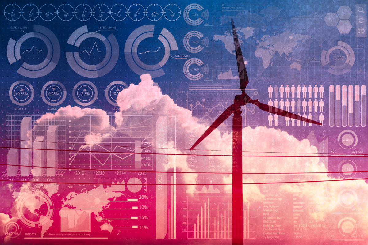 future of power and technology, wind turbine with business information mix media overlay