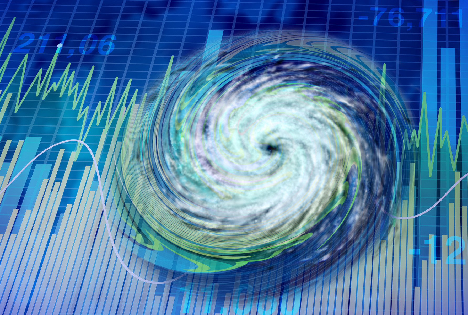 Turbulent market and financial turbulence or investing crisis security concept as a volatile stock market with price volatility as a storm disturbing the economy with 3D illustration elements.