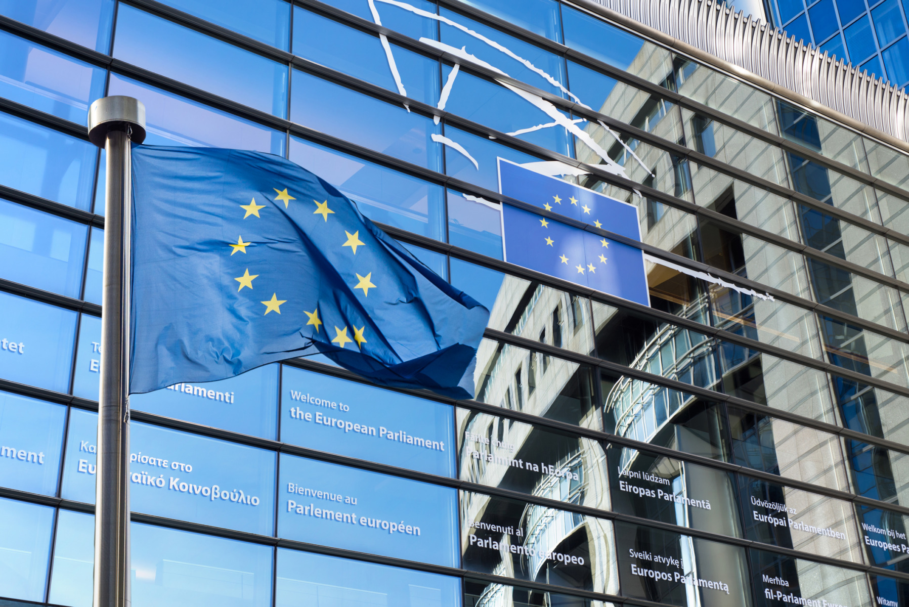 European Union flags in front of the European Parliament in Brussels, Belgium