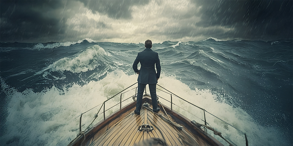 Determined Business Leader Steering Ship Through Turbulent Seas Symbolizing Overcoming Challenges and Achieving Success