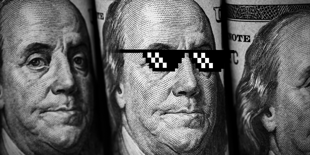 Close up Benjamin Franklin's face portrait wearing funny cool pixel sunglasses on 100 dollars bill banknote, black and white style. Money cash, financial background. One hundred dollar banknotes.