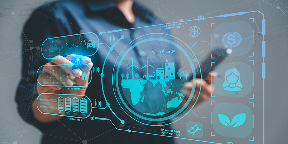 Businesswoman working virtual modern computer to reduce CO2 emissions carbon footprint climate change to limit global warming. Sustainable development and innovation green business concept.