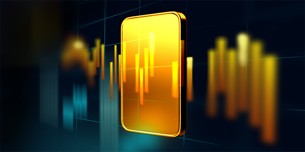 Gold ingot bar on a global stock exchange market scene with financal charts and graphs against dark background. Business, finance, technology and money concepts over futuristic electronic circuit. High resolution image is designed to crop all your social media, blog or print needs. 3D Rendering.