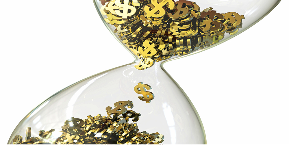 Gold dollar signs instead of sand in the hourglass
