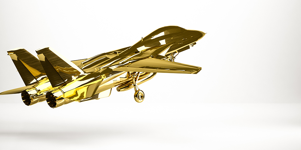 golden 3d rendering of a airplane inside a studio